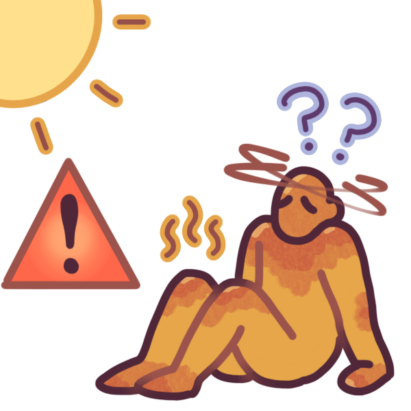 a person sitting on the ground next to the sun and a red caution triangle. Their skin is red and dry looking, their head is spinning with dizziness, their body is letting off heat, and there are confusion question marks next to their head.